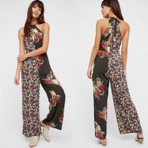 Free People Floral Halter Jumpsuit - Black and Red